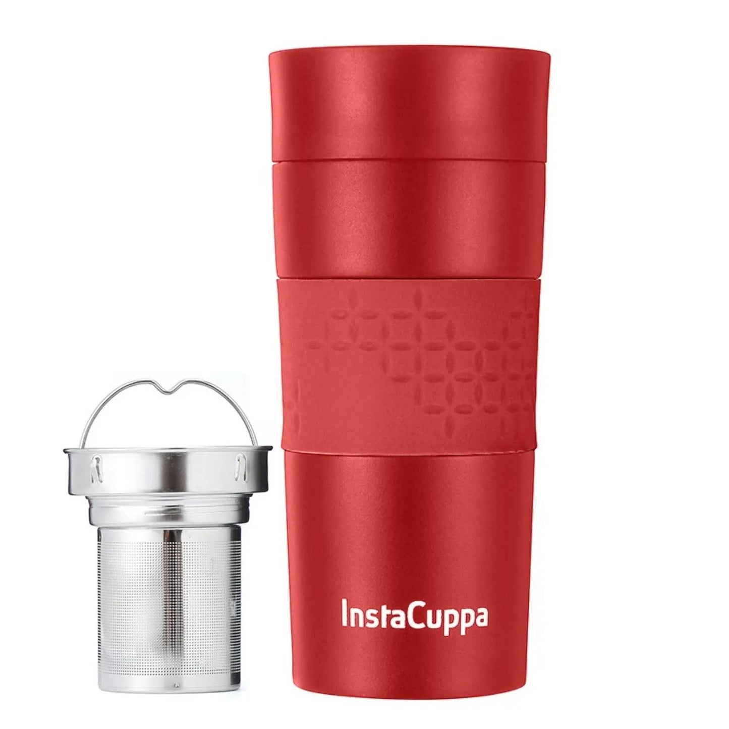 InstaCuppa Thermos Tea Infuser Travel Mug - Stainless Steel Infusion Unit, Double Walled Vacuum Insulation, Sipper Lid, Silicone Grip  350 ML / Red