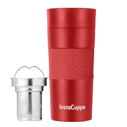 InstaCuppa Thermos Tea Infuser Travel Mug - Stainless Steel Infusion Unit, Double Walled Vacuum Insulation, Sipper Lid, Silicone Grip  350 ML / Red