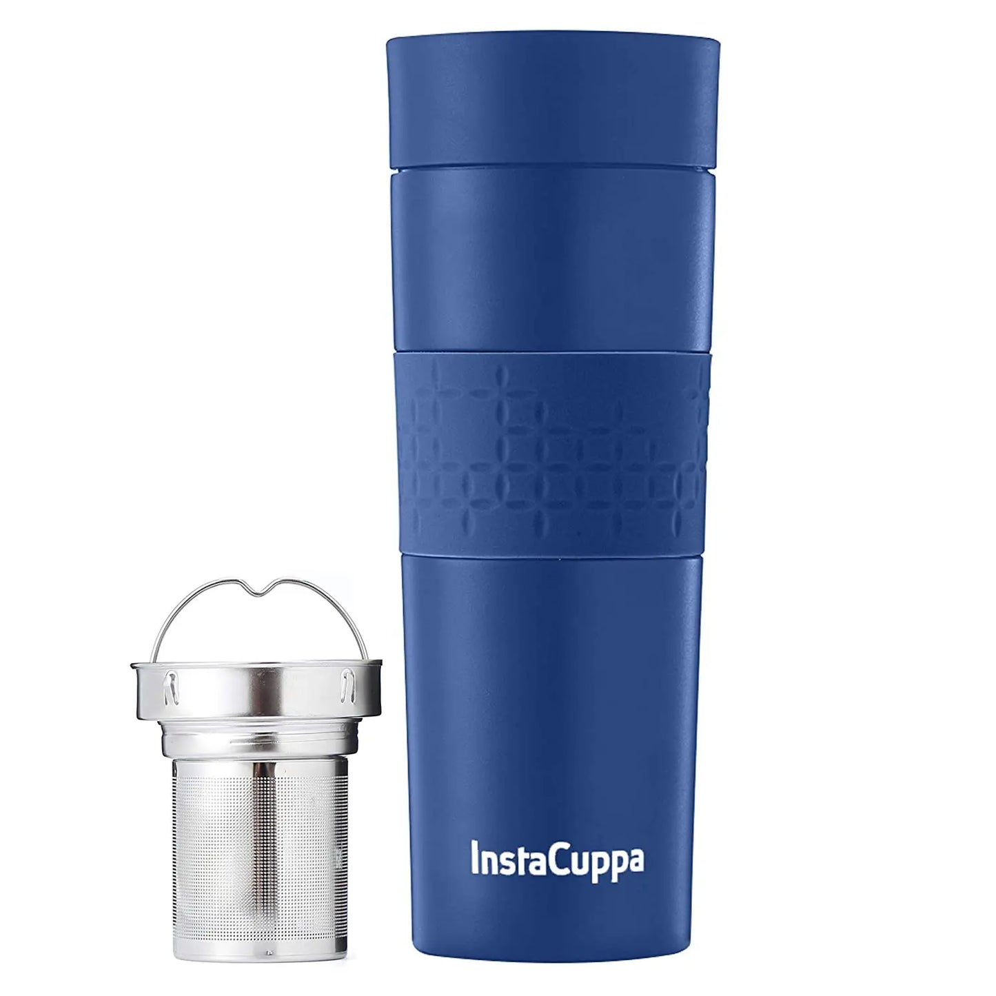 InstaCuppa Thermos Tea Infuser Travel Mug - Stainless Steel Infusion Unit, Double Walled Vacuum Insulation, Sipper Lid, Silicone Grip  470 ML / Navy Blue