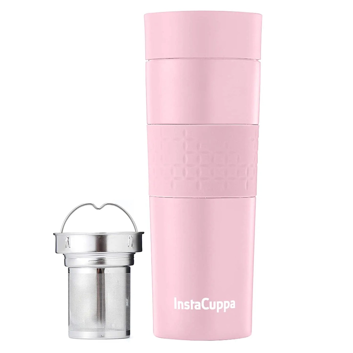 InstaCuppa Thermos Tea Infuser Travel Mug - Stainless Steel Infusion Unit, Double Walled Vacuum Insulation, Sipper Lid, Silicone Grip  470 ML / Pink