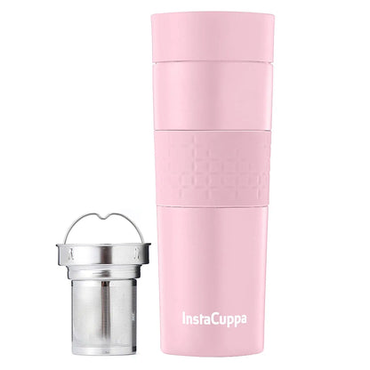 InstaCuppa Thermos Tea Infuser Travel Mug - Stainless Steel Infusion Unit, Double Walled Vacuum Insulation, Sipper Lid, Silicone Grip  470 ML / Pink