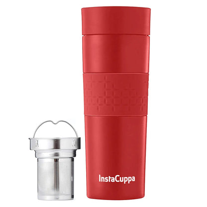 InstaCuppa Thermos Tea Infuser Travel Mug - Stainless Steel Infusion Unit, Double Walled Vacuum Insulation, Sipper Lid, Silicone Grip  470 ML / Red
