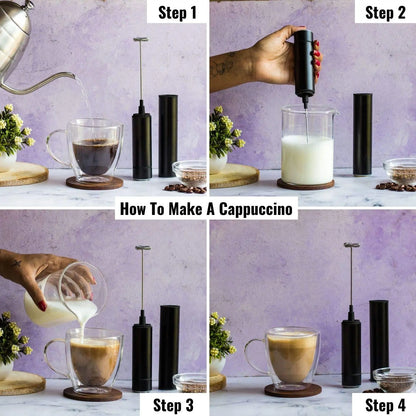 InstaCuppa Travel Milk Frother with 2 Whisks Handheld Battery Operated Electric Whisker, Foam Maker, Coffee Beater with Stainless Steel Travel Casing 