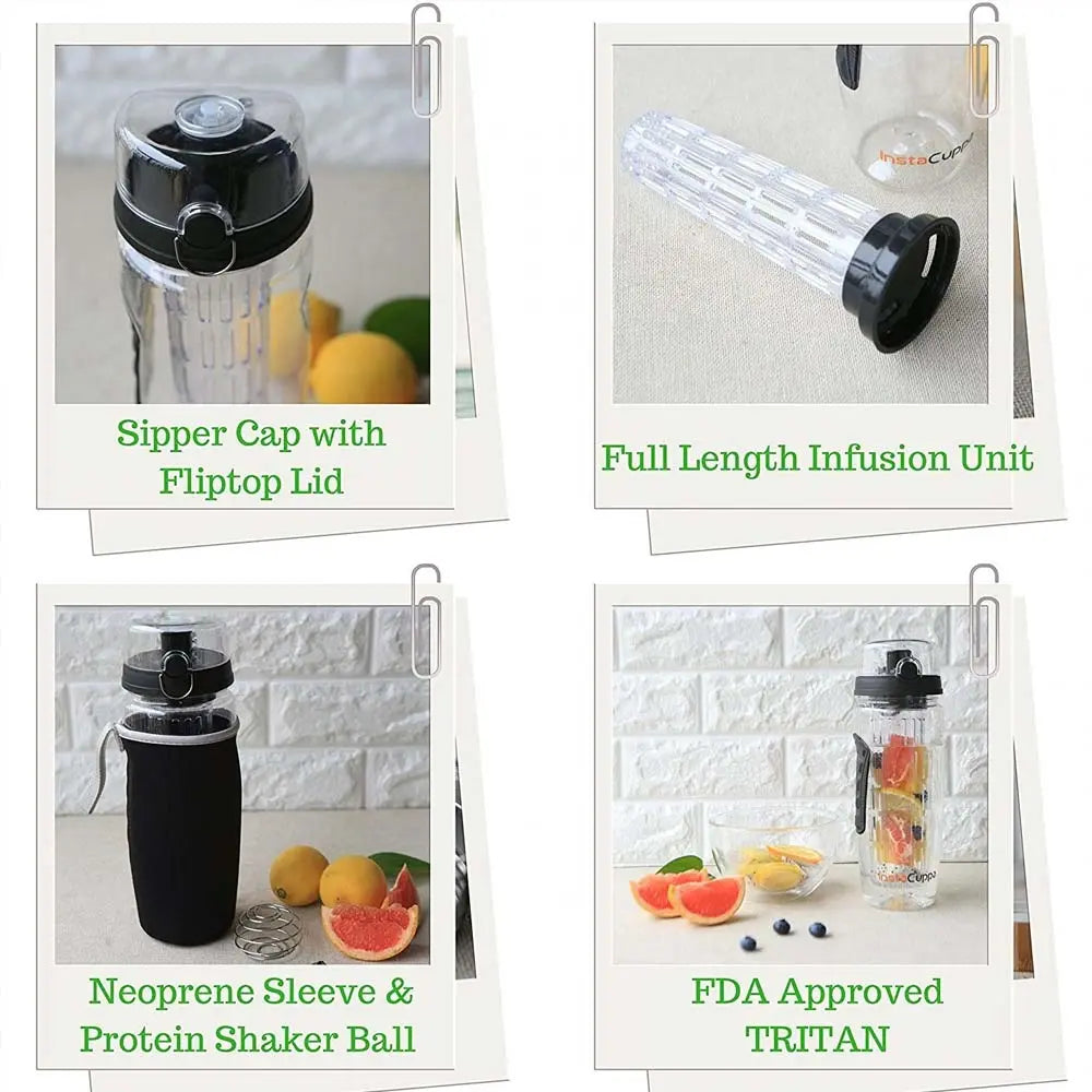 InstaCuppa Tritan Fruit Infuser Water Bottle with Full Length Infuser, Flip Top Sipper Lid, Neoprene Sleeve, Detox Recipes eBook 