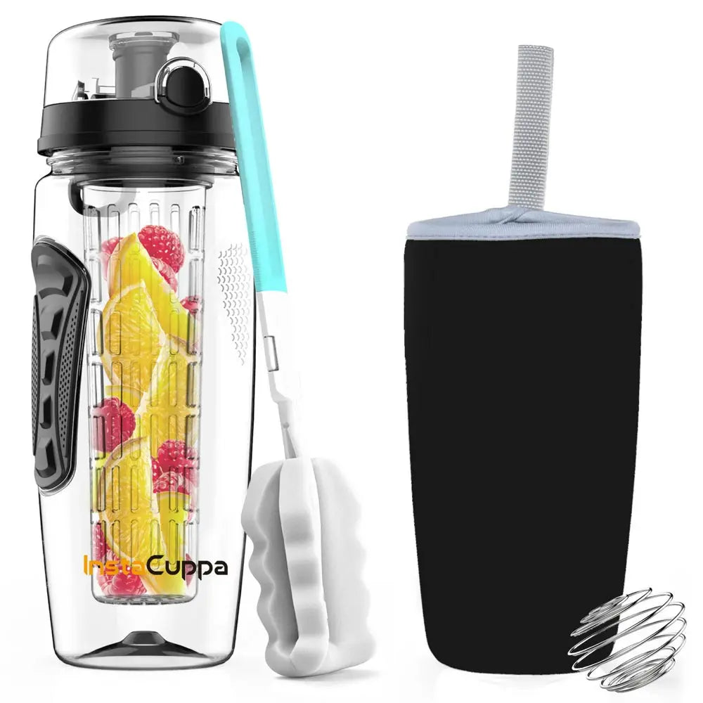 InstaCuppa Tritan Fruit Infuser Water Bottle with Full Length Infuser, Flip Top Sipper Lid, Neoprene Sleeve, Detox Recipes eBook  Black / 1000 ML