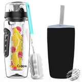 InstaCuppa Tritan Fruit Infuser Water Bottle with Full Length Infuser, Flip Top Sipper Lid, Neoprene Sleeve, Detox Recipes eBook