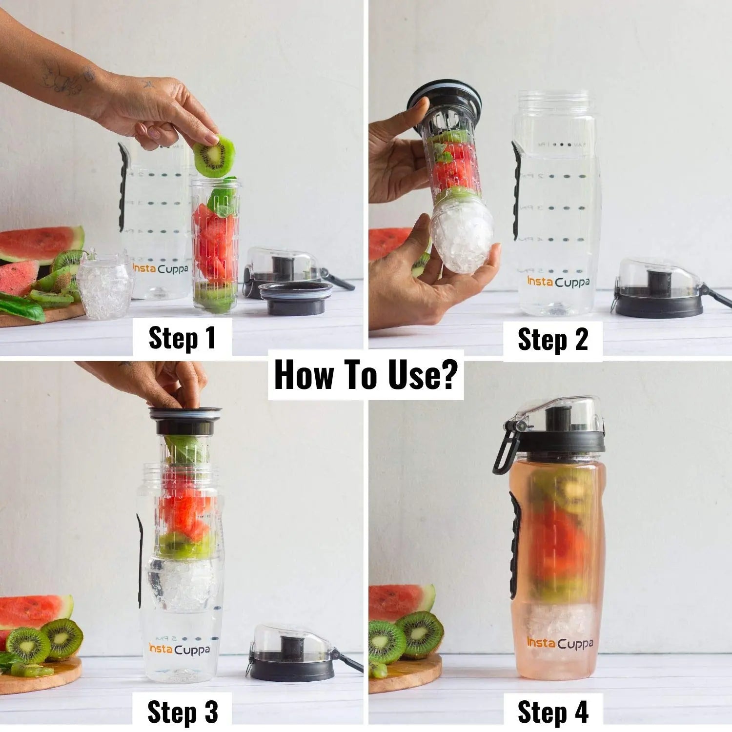 InstaCuppa Tritan Fruit Infuser Water Bottle with Polar Ice Ball Infuser, Flip Top Sipper Lid, Neoprene Sleeve, Detox Recipes eBook 