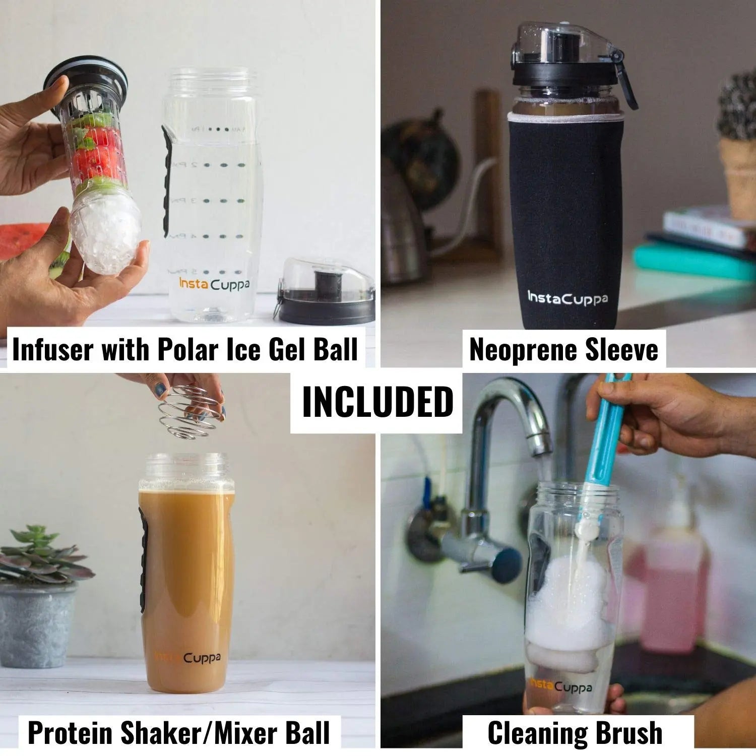 InstaCuppa Tritan Fruit Infuser Water Bottle with Polar Ice Ball Infuser, Flip Top Sipper Lid, Neoprene Sleeve, Detox Recipes eBook 
