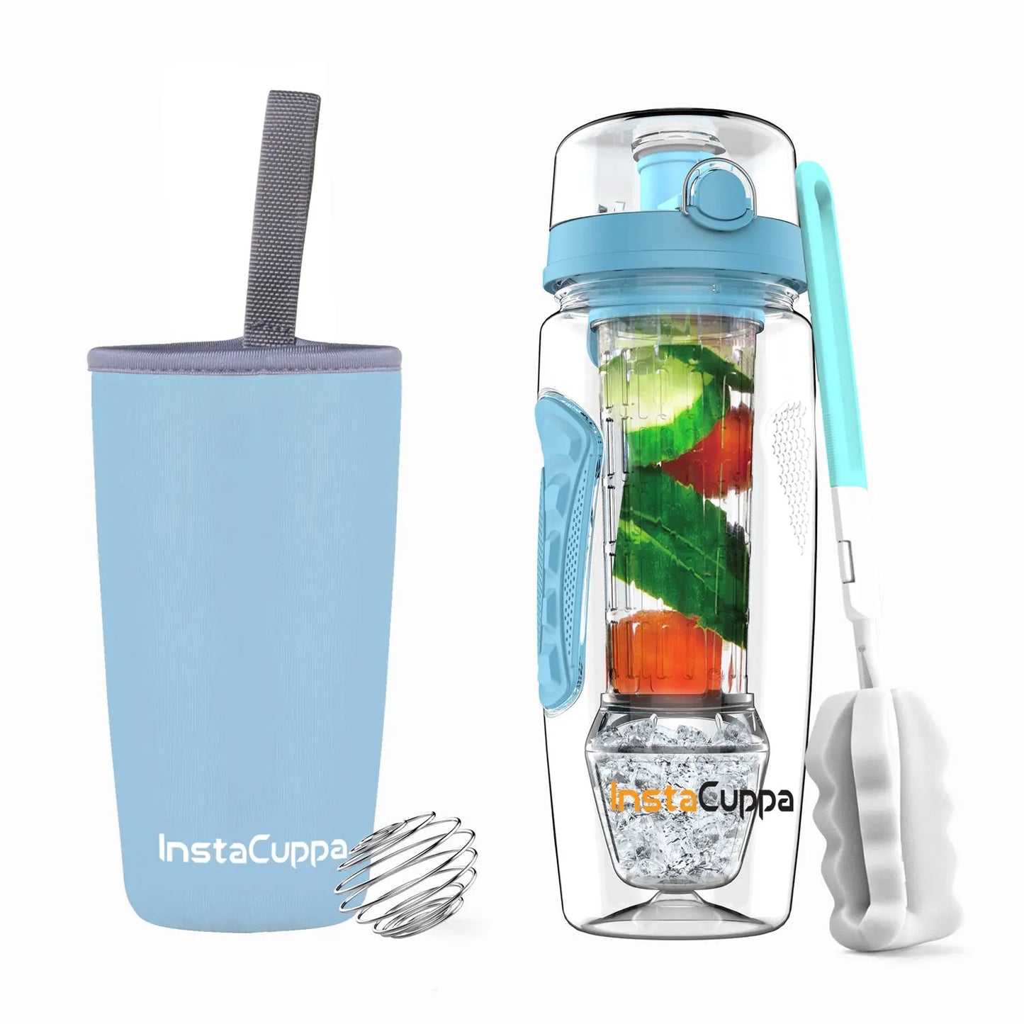 InstaCuppa Tritan Fruit Infuser Water Bottle with Polar Ice Ball Infuser, Flip Top Sipper Lid, Neoprene Sleeve, Detox Recipes eBook  Aqua Blue