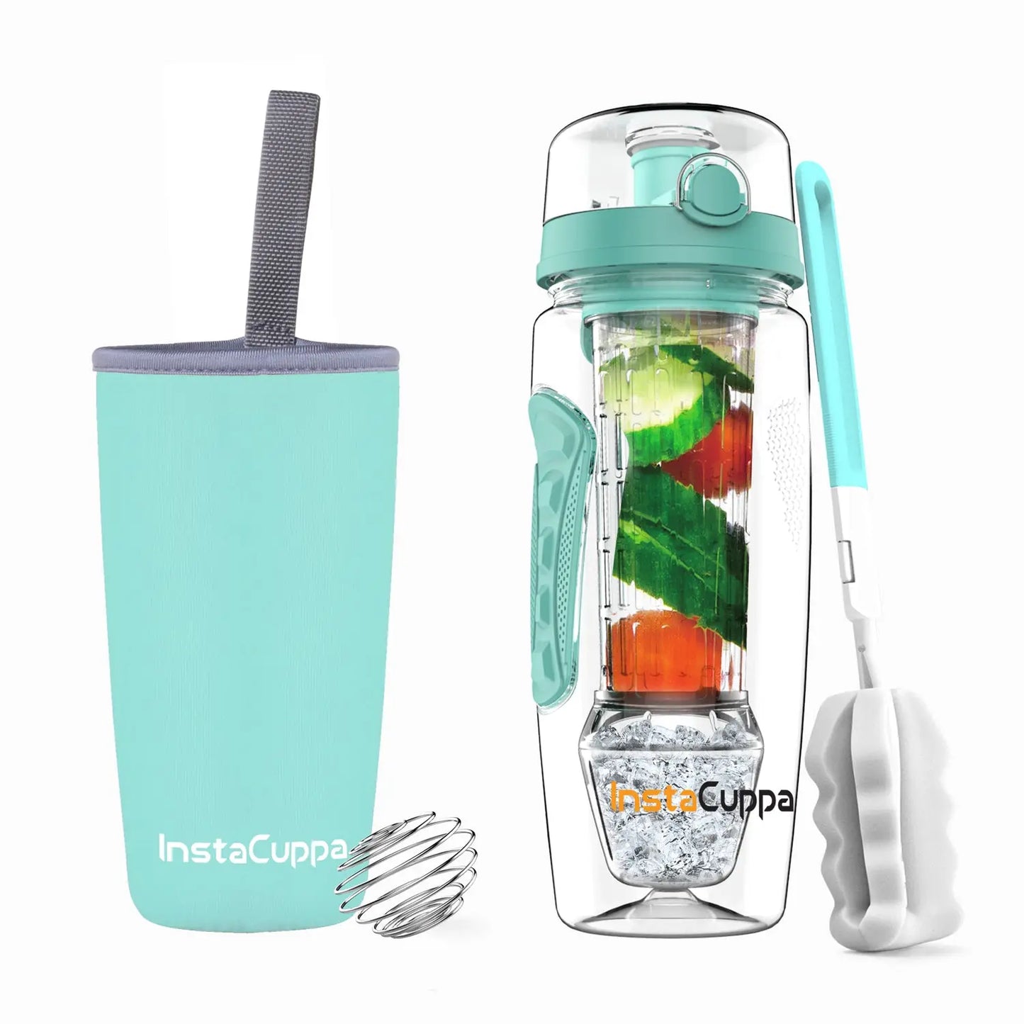 InstaCuppa Tritan Fruit Infuser Water Bottle with Polar Ice Ball Infuser, Flip Top Sipper Lid, Neoprene Sleeve, Detox Recipes eBook  Mint Green