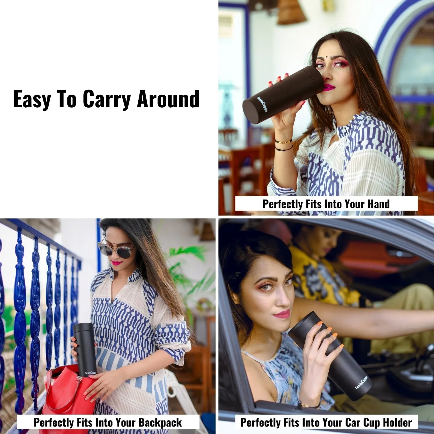 InstaCuppa Vacuum Insulated Travel Mug, Stainless Steel Double Walled Thermos for Hot or Cold Coffee, Tea, Spill and Leak Proof with Anti-Slip Grip, Tumbler with Flip-Top Sipper Lid, 470 ML, Black 