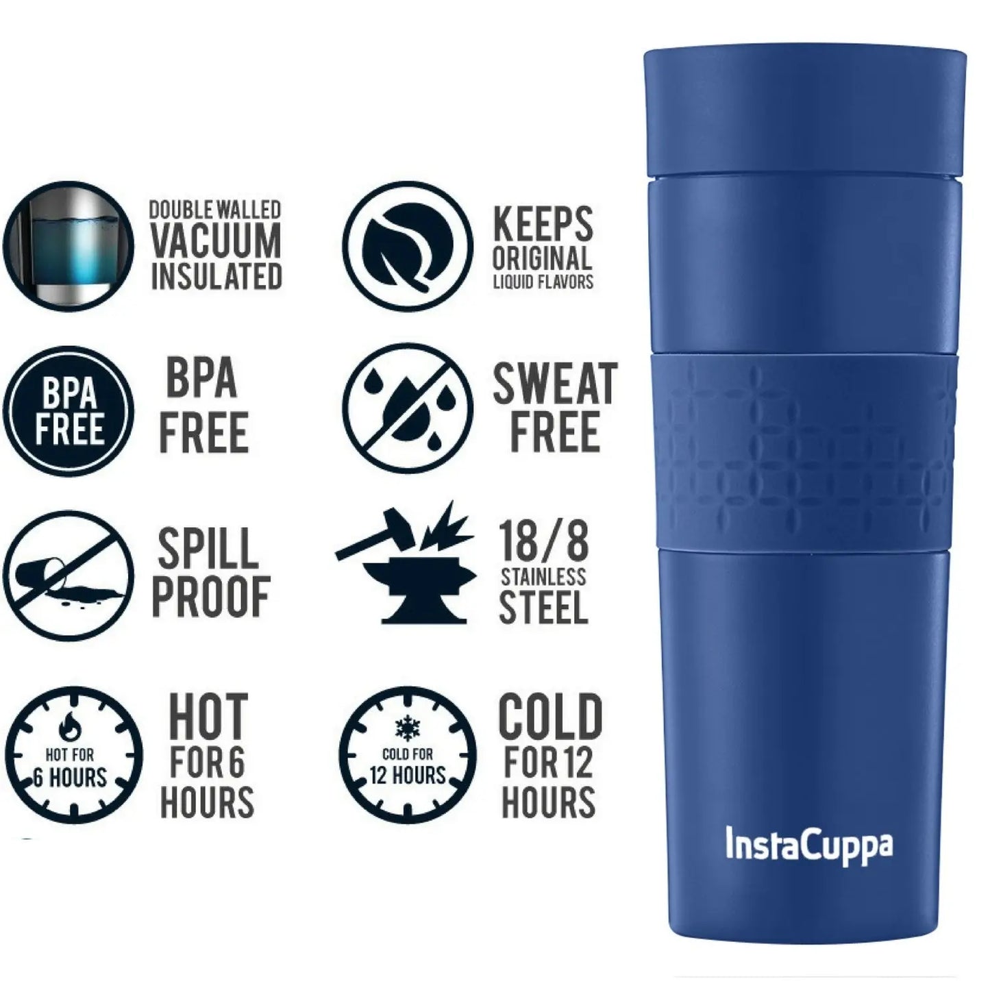 InstaCuppa Vacuum Insulated Travel Mug, Stainless Steel Double Walled Thermos for Hot or Cold Coffee, Tea, Spill and Leak Proof with Anti-Slip Grip, Tumbler with Flip-Top Sipper Lid, 470 ML, Black 