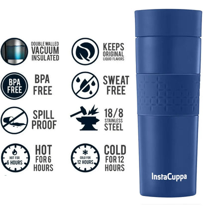 InstaCuppa Vacuum Insulated Travel Mug, Stainless Steel Double Walled Thermos for Hot or Cold Coffee, Tea, Spill and Leak Proof with Anti-Slip Grip, Tumbler with Flip-Top Sipper Lid, 470 ML, Black 