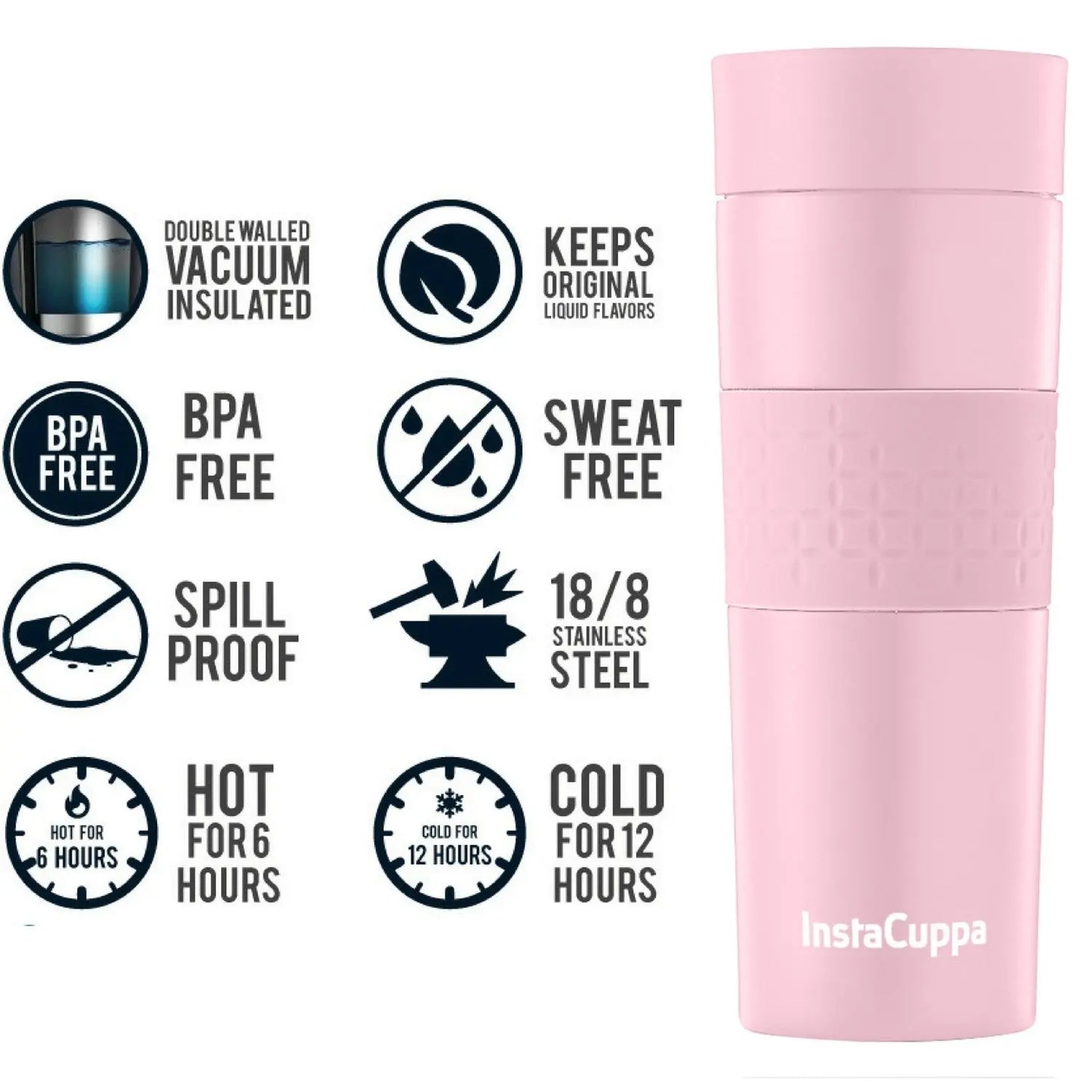InstaCuppa Vacuum Insulated Travel Mug, Stainless Steel Double Walled Thermos for Hot or Cold Coffee, Tea, Spill and Leak Proof with Anti-Slip Grip, Tumbler with Flip-Top Sipper Lid, 470 ML, Black 