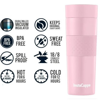 InstaCuppa Vacuum Insulated Travel Mug, Stainless Steel Double Walled Thermos for Hot or Cold Coffee, Tea, Spill and Leak Proof with Anti-Slip Grip, Tumbler with Flip-Top Sipper Lid, 470 ML, Black 