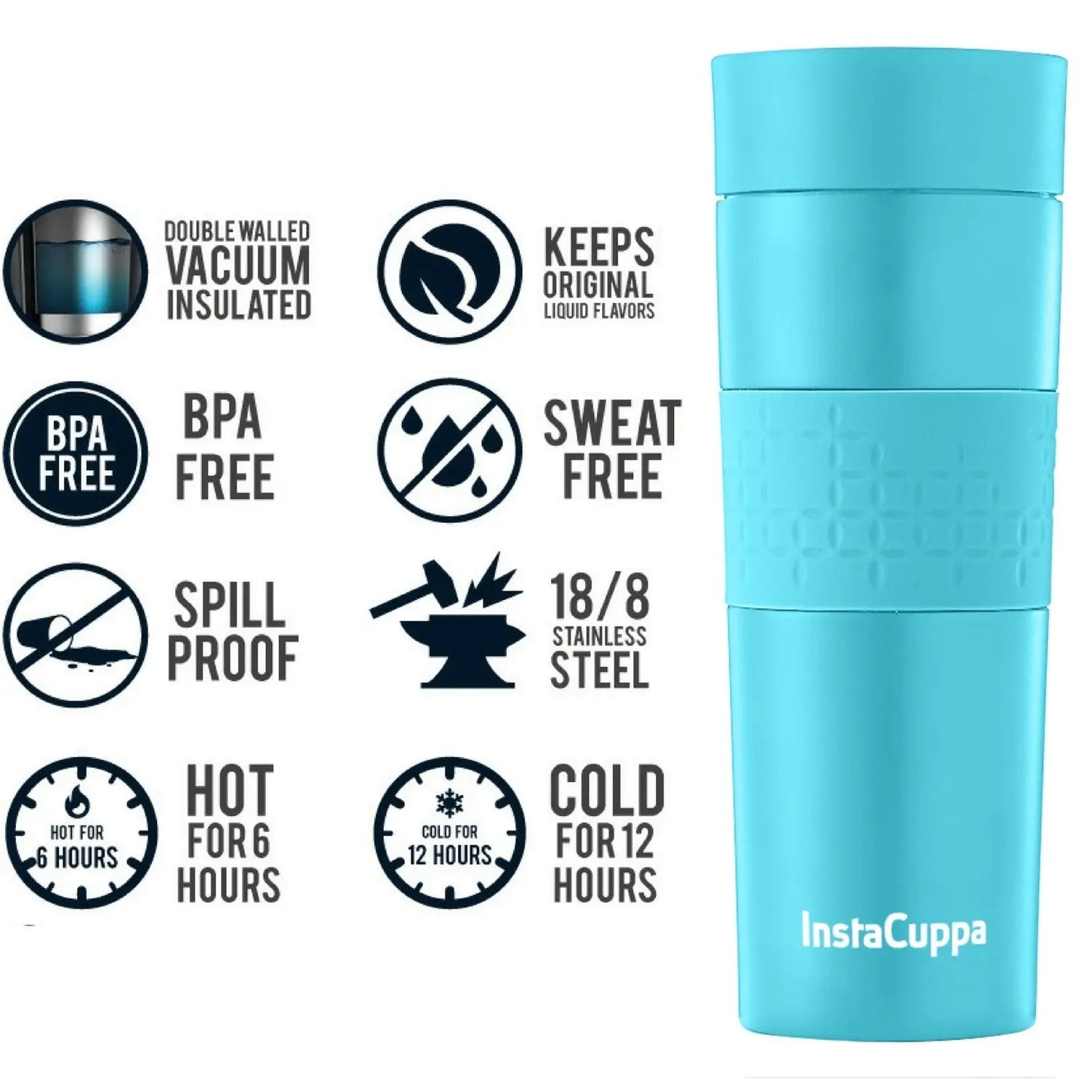 InstaCuppa Vacuum Insulated Travel Mug, Stainless Steel Double Walled Thermos for Hot or Cold Coffee, Tea, Spill and Leak Proof with Anti-Slip Grip, Tumbler with Flip-Top Sipper Lid, 470 ML, Black 