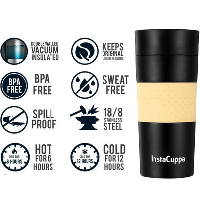 InstaCuppa Vacuum Insulated Travel Mug, Stainless Steel Double Walled Thermos for Hot or Cold Coffee, Tea, Spill and Leak Proof with Anti-Slip Grip, Tumbler with Flip-Top Sipper Lid, 470 ML, Black 