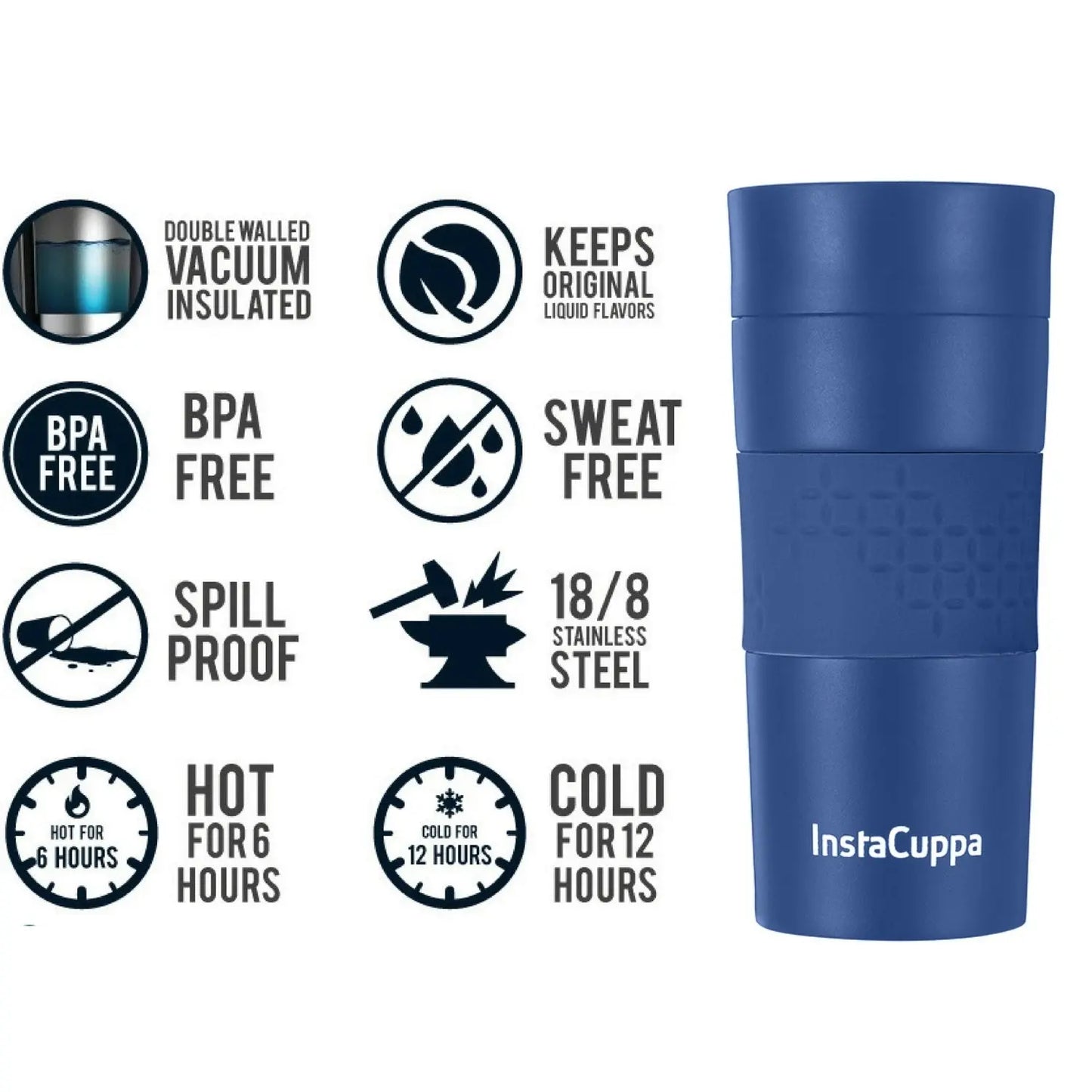 InstaCuppa Vacuum Insulated Travel Mug, Stainless Steel Double Walled Thermos for Hot or Cold Coffee, Tea, Spill and Leak Proof with Anti-Slip Grip, Tumbler with Flip-Top Sipper Lid, 470 ML, Black 