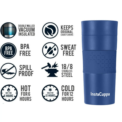 InstaCuppa Vacuum Insulated Travel Mug, Stainless Steel Double Walled Thermos for Hot or Cold Coffee, Tea, Spill and Leak Proof with Anti-Slip Grip, Tumbler with Flip-Top Sipper Lid, 470 ML, Black 