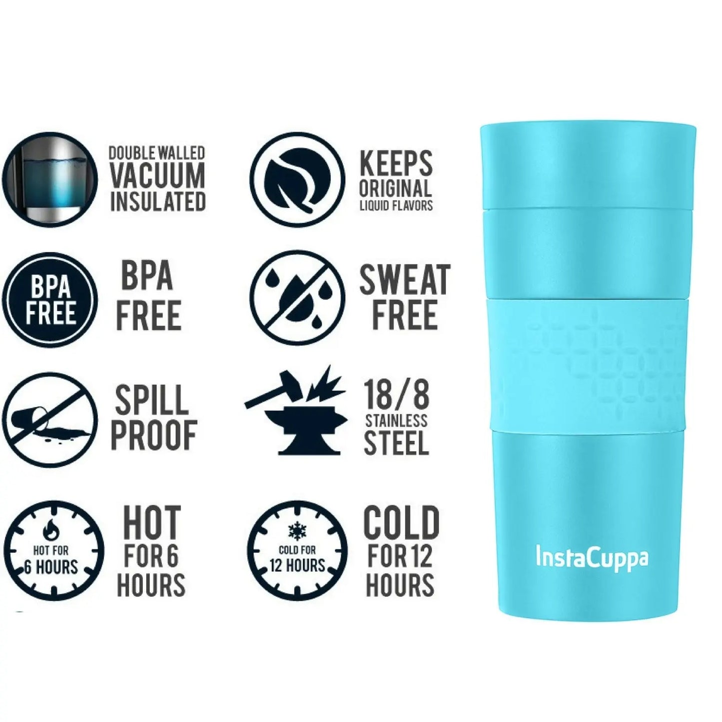 InstaCuppa Vacuum Insulated Travel Mug, Stainless Steel Double Walled Thermos for Hot or Cold Coffee, Tea, Spill and Leak Proof with Anti-Slip Grip, Tumbler with Flip-Top Sipper Lid, 470 ML, Black 