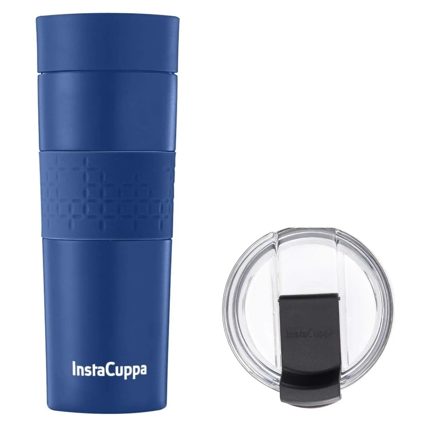 InstaCuppa Vacuum Insulated Travel Mug, Stainless Steel Double Walled Thermos for Hot or Cold Coffee, Tea, Spill and Leak Proof with Anti-Slip Grip, Tumbler with Flip-Top Sipper Lid, 470 ML, Black  470 ML + Extra Lid / Navy Blue