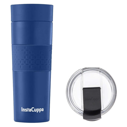 InstaCuppa Vacuum Insulated Travel Mug, Stainless Steel Double Walled Thermos for Hot or Cold Coffee, Tea, Spill and Leak Proof with Anti-Slip Grip, Tumbler with Flip-Top Sipper Lid, 470 ML, Black  470 ML + Extra Lid / Navy Blue