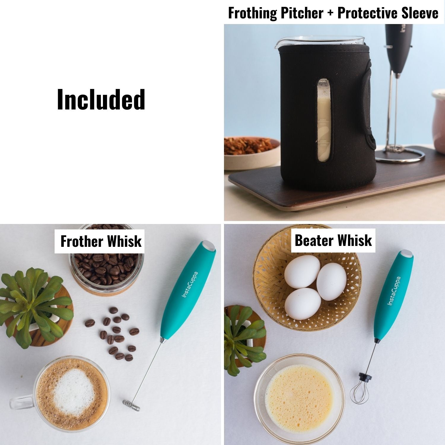 InstaCuppa Milk Frother with 2 Whisks and Borosilicate Glass Frothing Pitcher 600 ML Combo