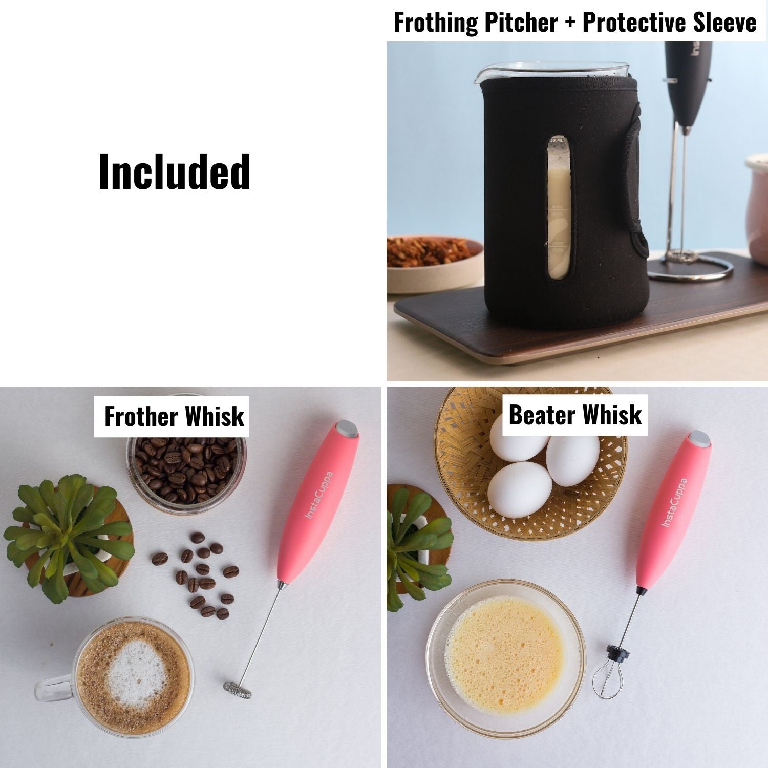 InstaCuppa Milk Frother with 2 Whisks and Borosilicate Glass Frothing Pitcher 600 ML Combo