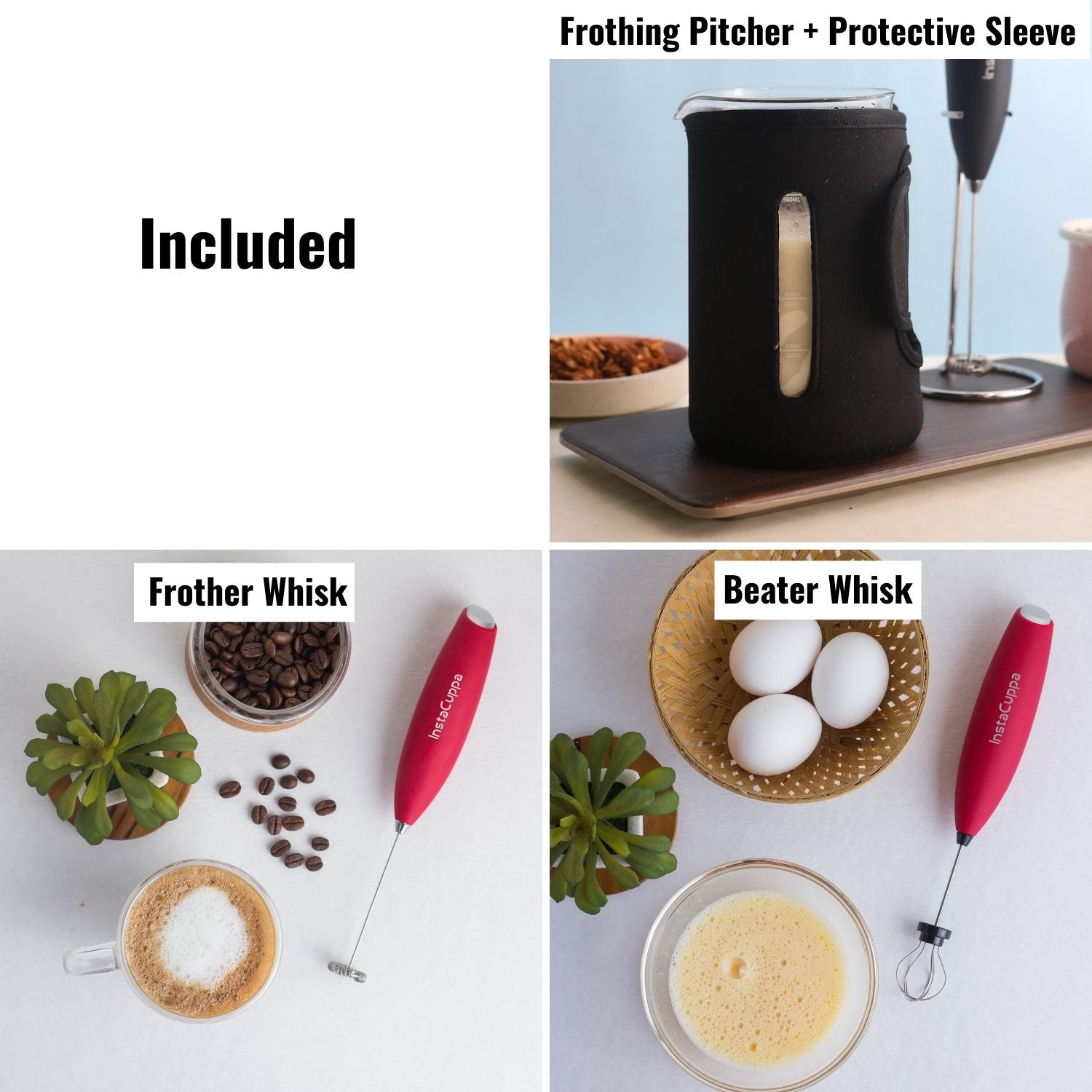 InstaCuppa Milk Frother with 2 Whisks and Borosilicate Glass Frothing Pitcher 600 ML Combo