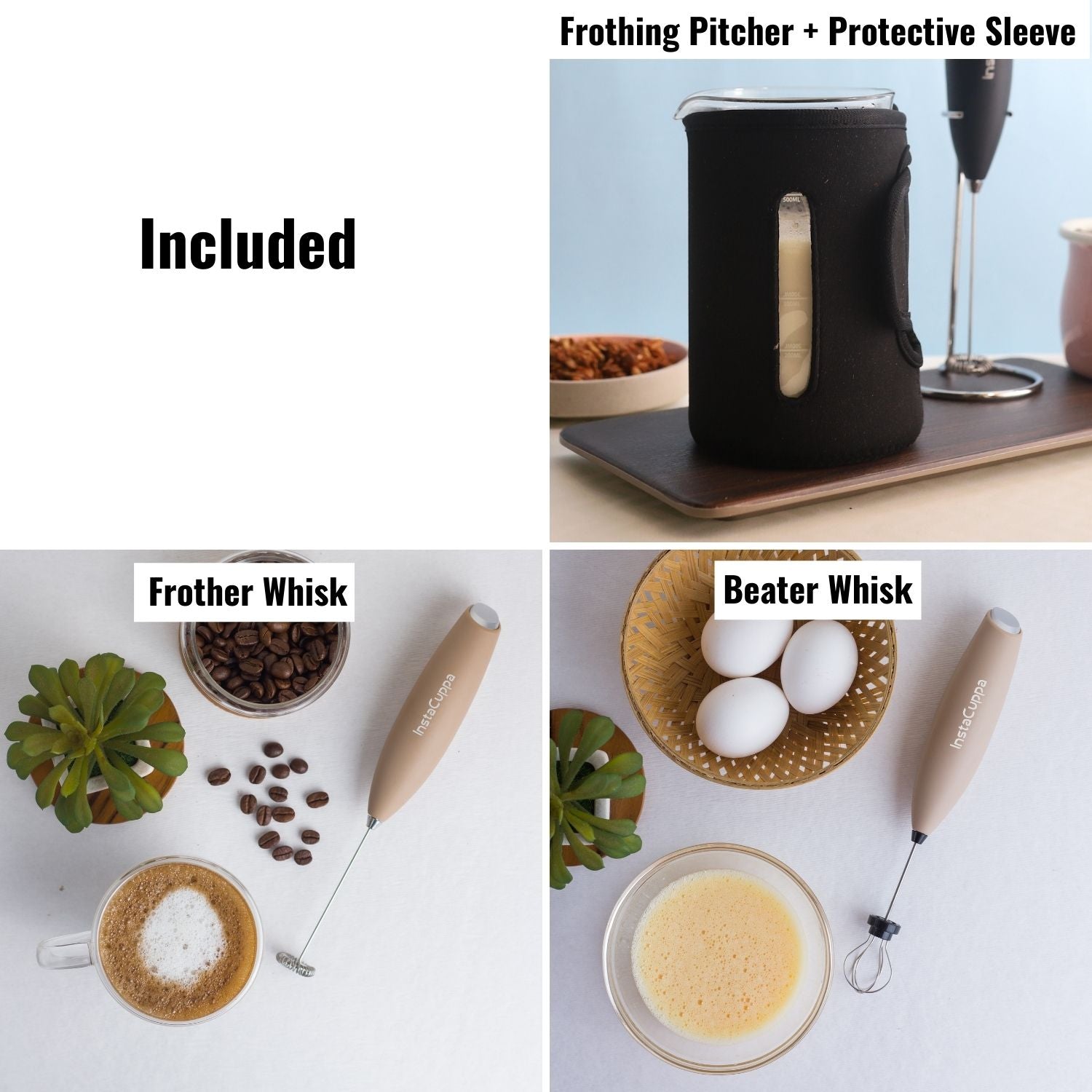 InstaCuppa Milk Frother with 2 Whisks and Borosilicate Glass Frothing Pitcher 600 ML Combo