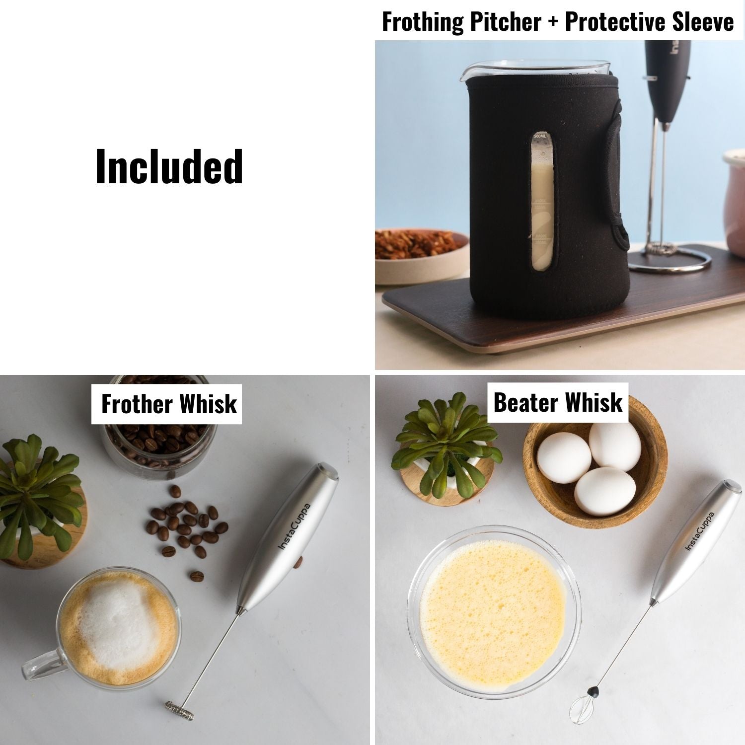 InstaCuppa Milk Frother with 2 Whisks and Borosilicate Glass Frothing Pitcher 600 ML Combo