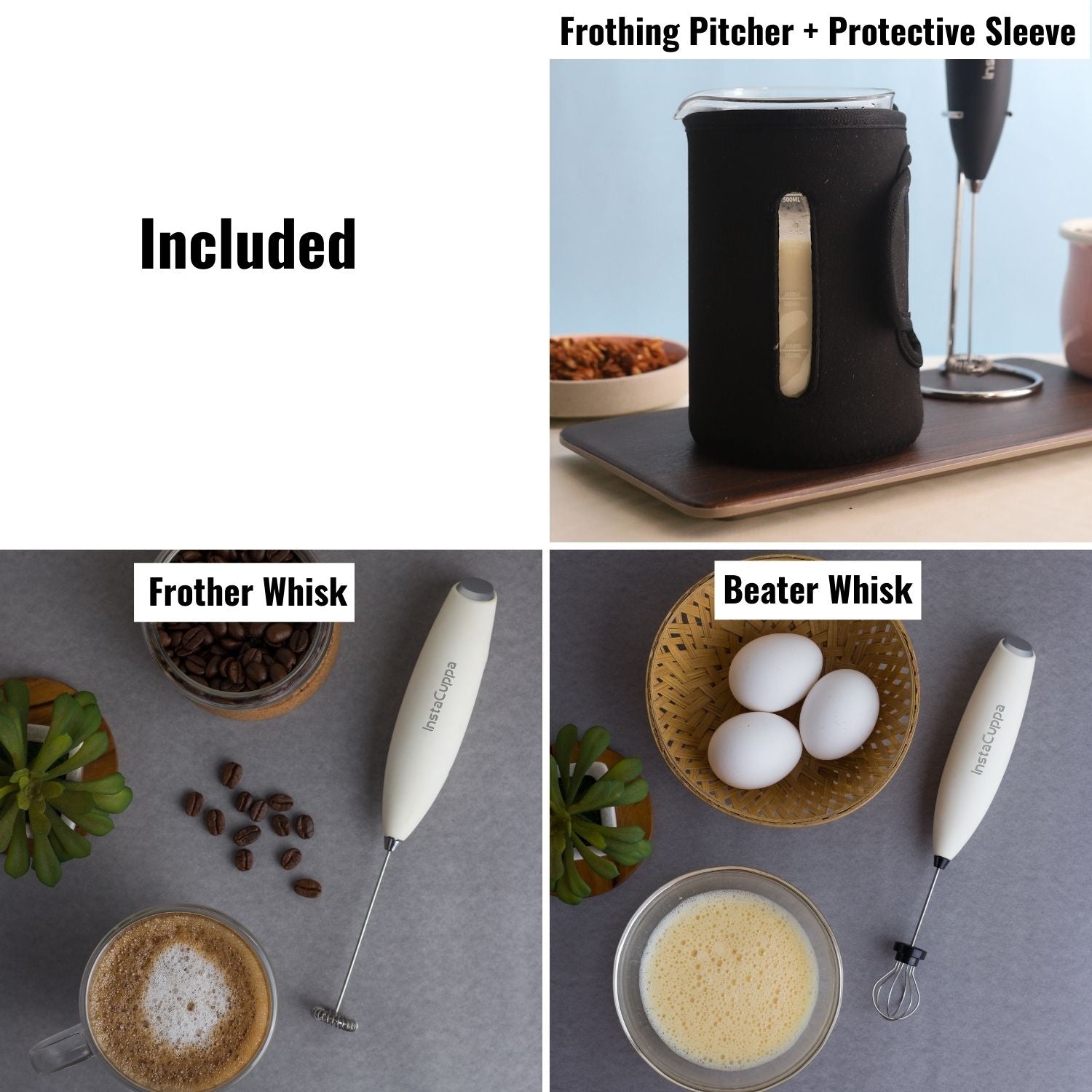 InstaCuppa Milk Frother with 2 Whisks and Borosilicate Glass Frothing Pitcher 600 ML Combo
