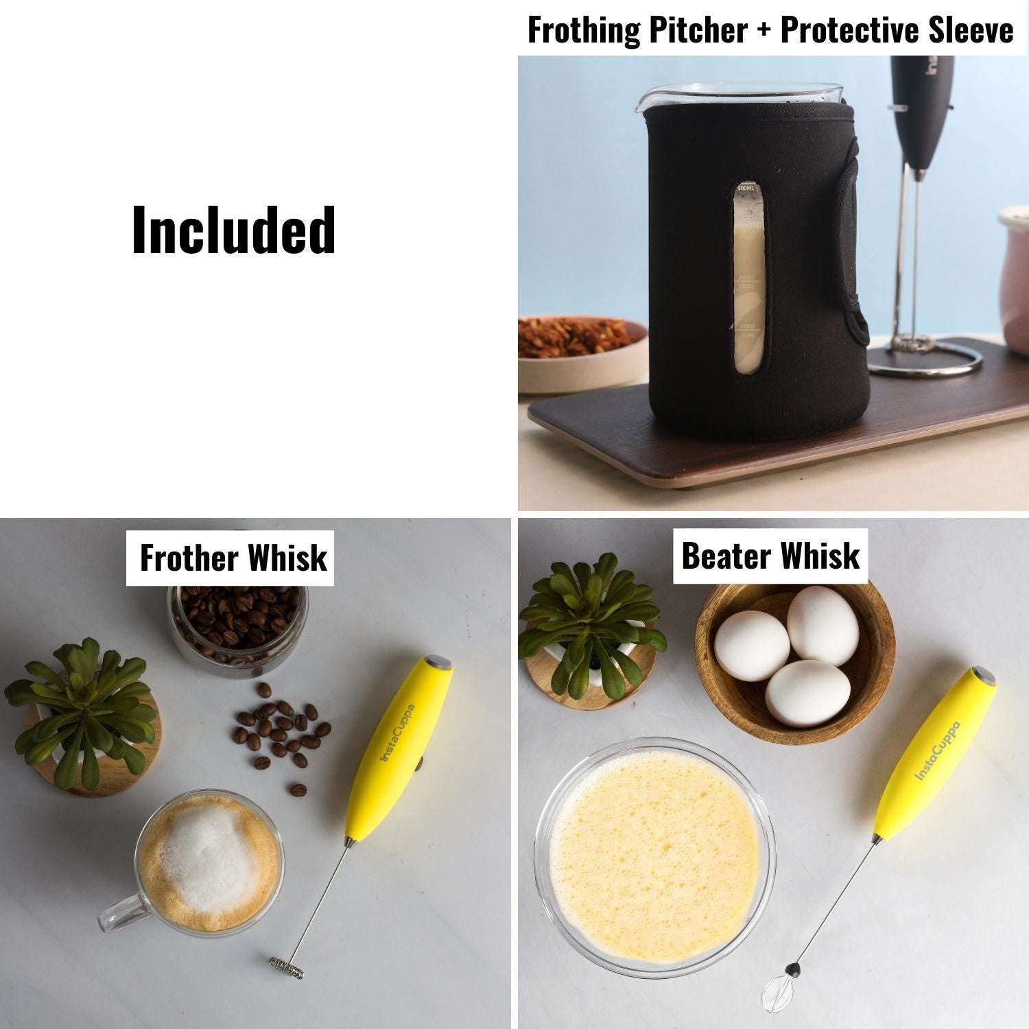 InstaCuppa Milk Frother with 2 Whisks and Borosilicate Glass Frothing Pitcher 600 ML Combo