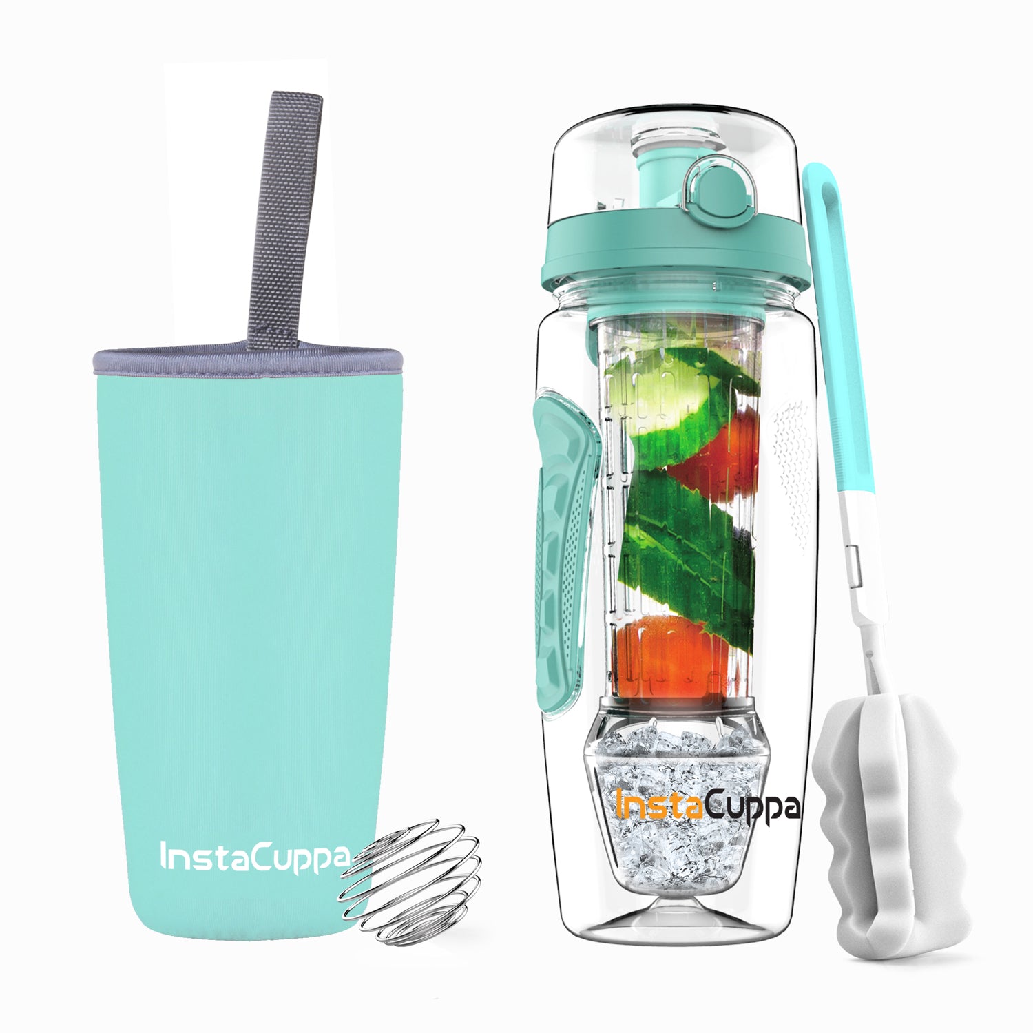 InstaCuppa Tritan Fruit Infuser Water Bottle with Polar Ice Ball Infuser, Flip Top Sipper Lid, Neoprene Sleeve, Detox Recipes eBook