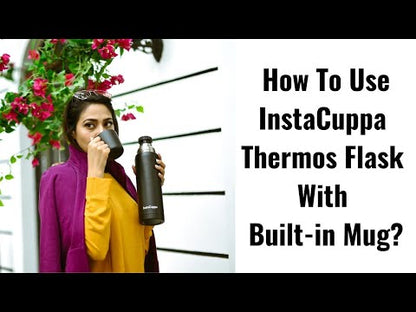 InstaCuppa Thermos Flask Bottle with Built-In Stainless Steel Mug, Twist Pour Screw Lid, Double Walled Vacuum Insulation
