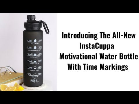 InstaCuppa Sipper Water Bottle with Motivational Time Markings, Neoprene Sleeve, Cleaning Brush, Protein Shaker Ball, BPA Free PCTG Plastic, 1 Liter