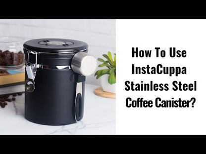 InstaCuppa Stainless Steel Coffee Canister, Airtight Container with Date Tracker Jar, CO2 Release Valve and Coffee Scoop, 500 Grams, Black