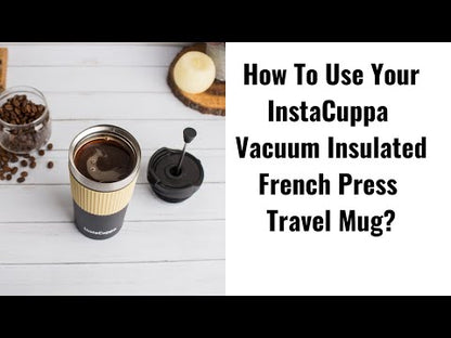InstaCuppa French Press Travel Mug, Stainless Steel Double Walled Vacuum Insulated Thermos for Hot or Cold Coffee, Tea, Spill Proof, Anti-Slip Grip, Tumbler with Flip-Top Sipper Lid, 400 ML