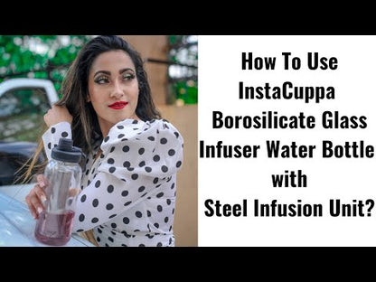 InstaCuppa Borosilicate Glass Water Bottle with Full Length Steel Infuser, Sports Sipper Lid, Time Markings, Neoprene Sleeve