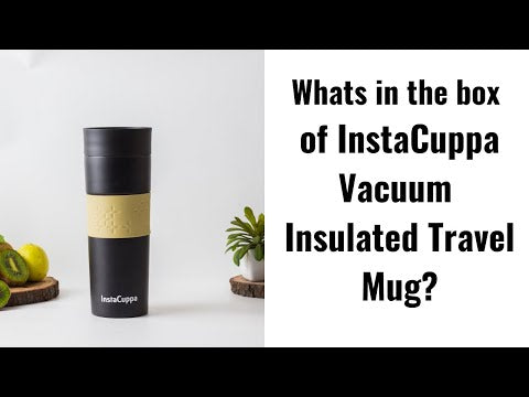 InstaCuppa Vacuum Insulated Travel Mug, Stainless Steel Double Walled Thermos for Hot or Cold Coffee, Tea, Spill and Leak Proof with Anti-Slip Grip, Tumbler with Flip-Top Sipper Lid, 470 ML, Black