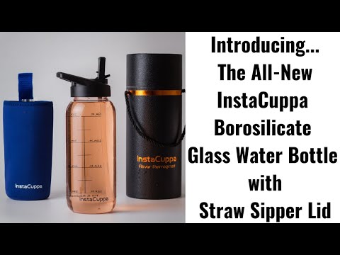 InstaCuppa Borosilicate Glass Water Bottle with Straw Sipper Lid, Innovative Time Markings, Neoprene Sleeve for Protection