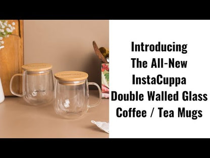 InstaCuppa Double Wall Glass Coffee Mug 300ml with bamboo lid - premium borosilicate glass - Video