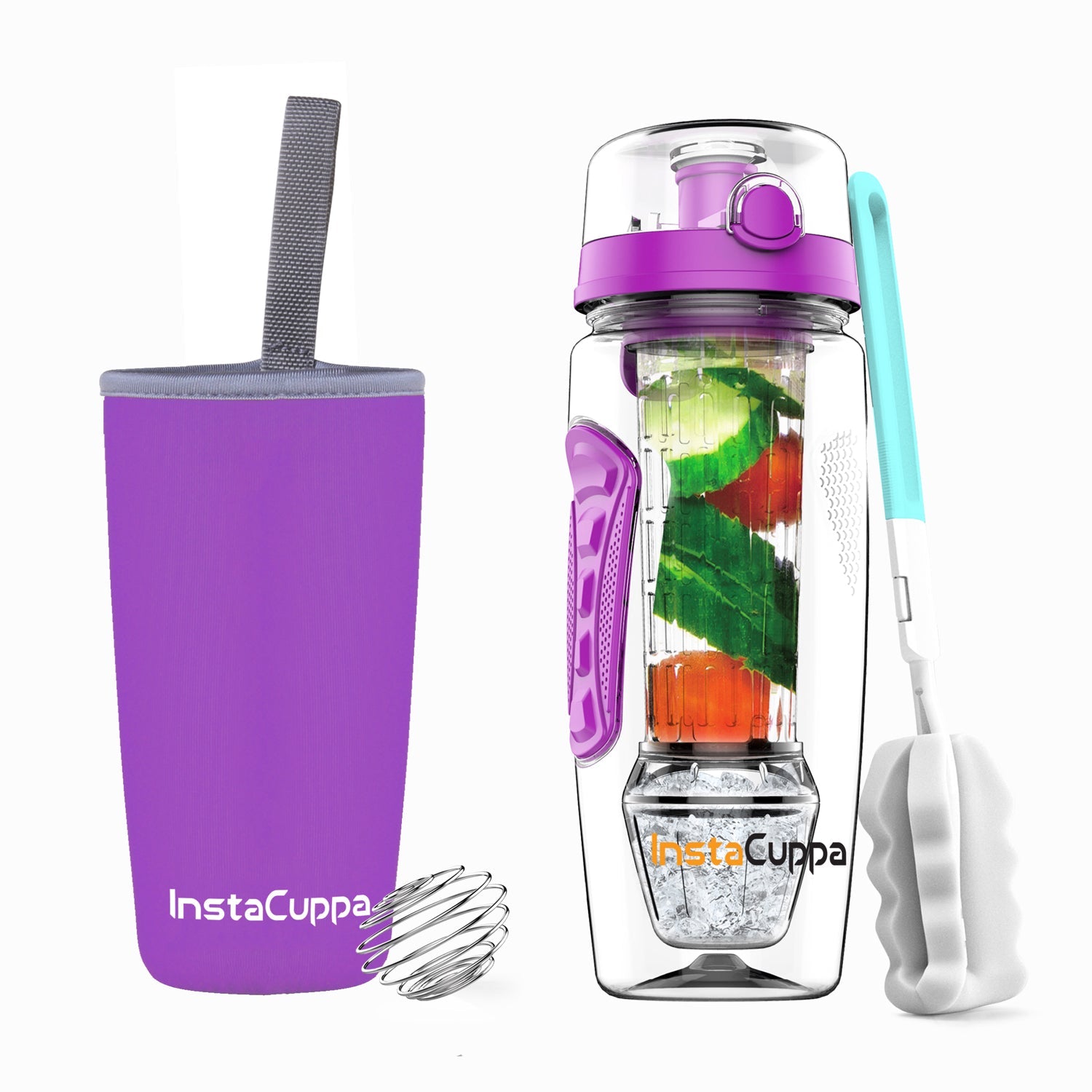 InstaCuppa Tritan Fruit Infuser Water Bottle with Polar Ice Ball Infuser, Flip Top Sipper Lid, Neoprene Sleeve, Detox Recipes eBook