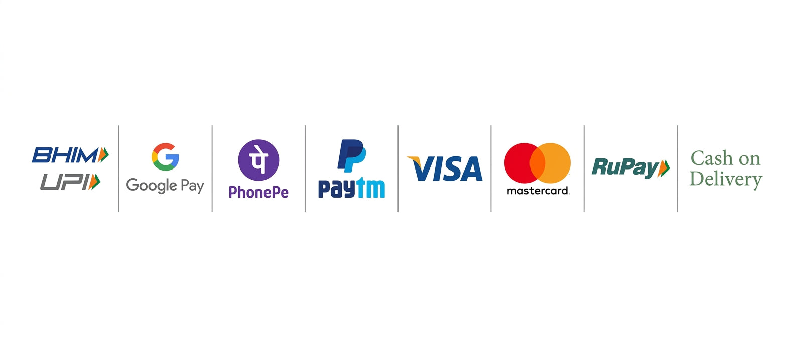 Accepted payments: BHIM UPI, Google Pay, PhonePe, Paytm, Visa, Mastercard, RuPay, Cash on Delivery